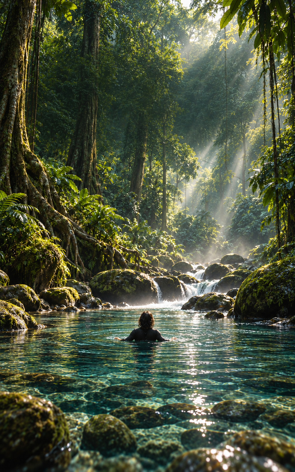 A person immersed in a sunlit river in the forest